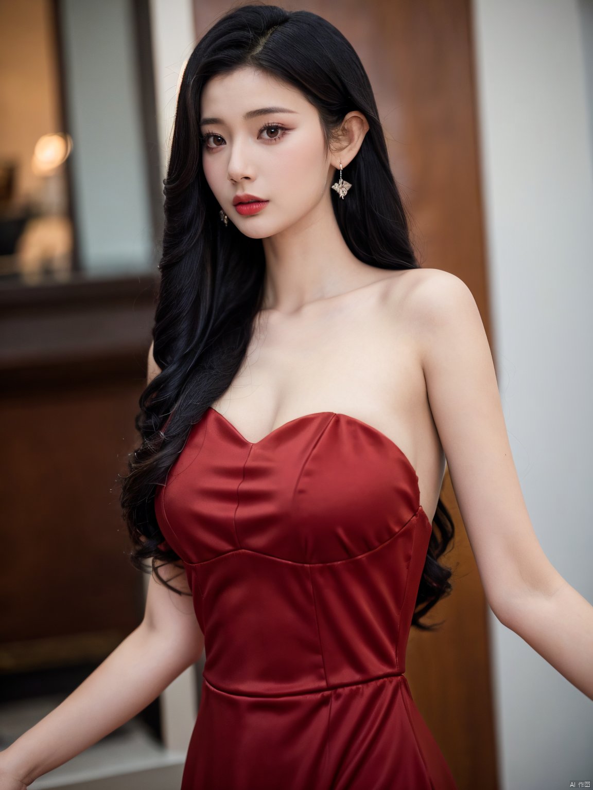  1, 1girl, long hair, brown hair, solo, dress, brown eyes, looking at viewer, holding, red dress, parted lips, bare shoulders, indoors, lips, upper body, sleeveless, ((poakl))