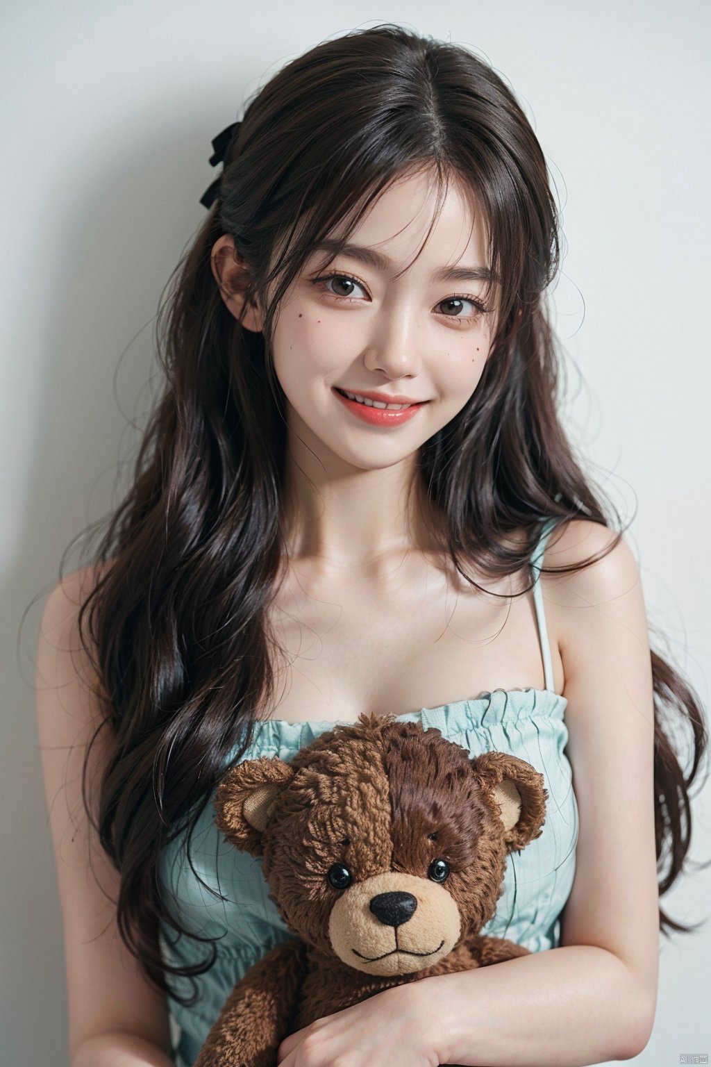 1girl, solo, stuffed toy, stuffed animal, long hair, bow, looking at viewer, hair bow, smile, black hair, ribbon, brown hair, upper body, teddy bear, bangs, mole
