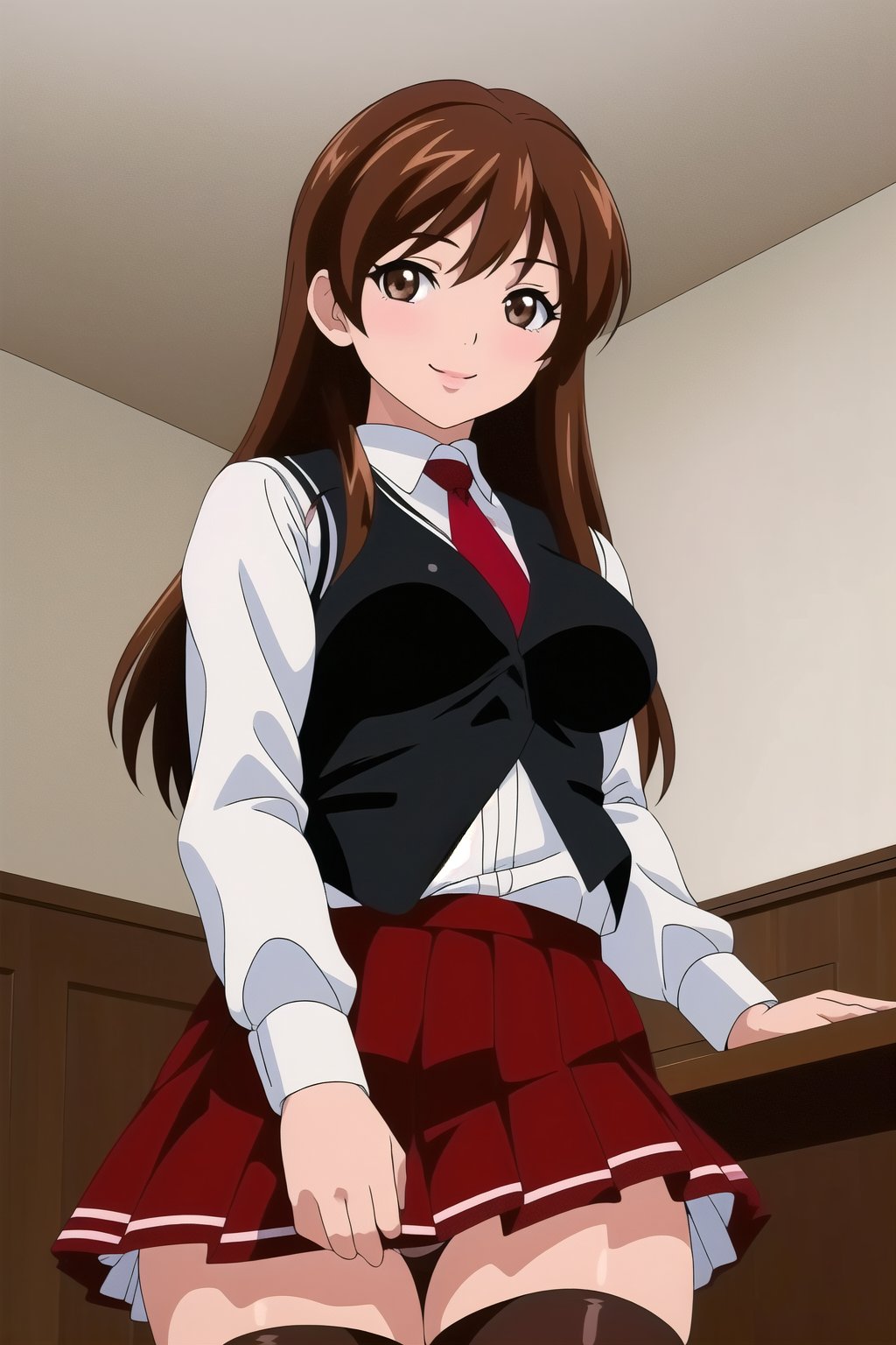 ((masterpiece))  ((high quality)) 
((beautiful details)),(( perfect focus)), (( high resolution)), ((exquisite texture in every detail)),

((1girl)) ,((solo)),((girlA))
smile
looking at the viewer

 long hair, ((light brown hair)), ((dark brown eyes))
athletic,((medium breast))

 ((front view)) pink room

cowboy shot
((white_shirt)),(( long sleeves)),(( red pleated skirt)), uniform, black thigh highs, long sleeves, red tie, (black_vest:1.3),