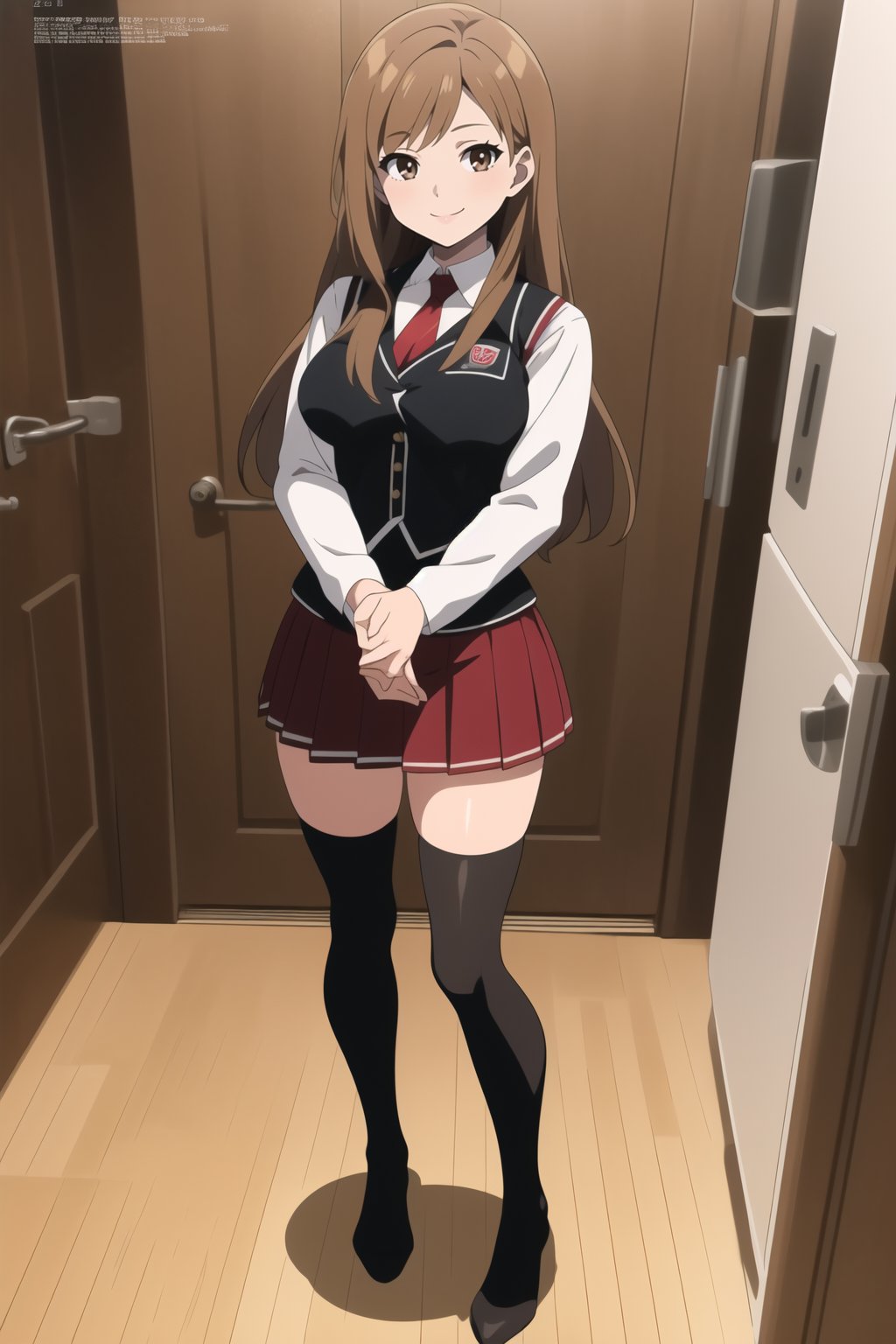 ((masterpiece)), solo, 1girl, , smile, long hair, ((light brown hair)), ((dark brown eyes)),looking at viewer, athletic,,standing, ((girlA)),((medium breast)),full body,((white_shirt)),(( long sleeves)),(( red pleated skirt)), uniform, black thigh highs, long sleeves, red tie, (black_vest:1.3), ((front view))
pink room
((cover magazine))