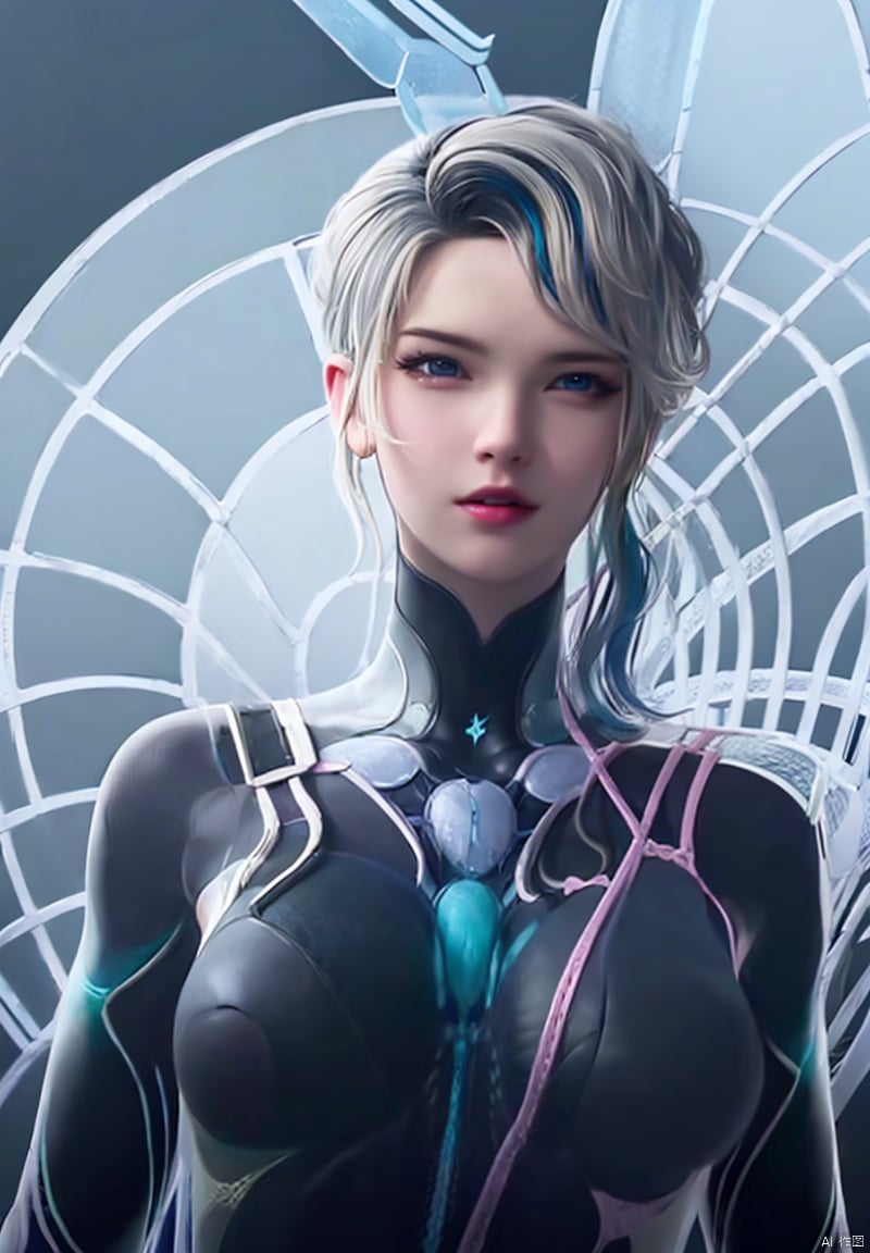 1girl, solo, breasts, looking at viewer, blue eyes, medium breasts, upper body, white hair, multicolored hair, parted lips, lips, bodysuit, skin tight, realistic, nose, black bodysuit, mercy \(overwatch\)