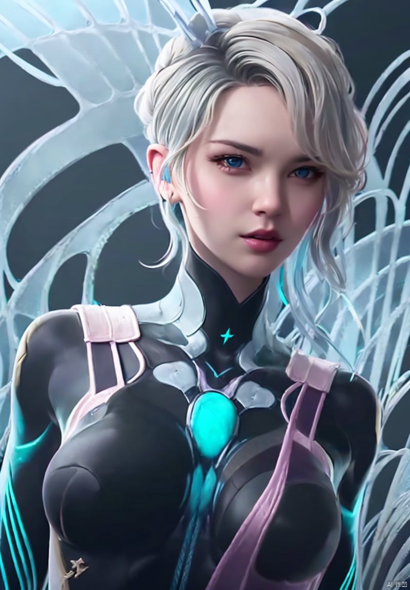 1girl, solo, breasts, looking at viewer, blue eyes, medium breasts, upper body, white hair, multicolored hair, parted lips, lips, bodysuit, skin tight, realistic, nose, black bodysuit, mercy \(overwatch\)