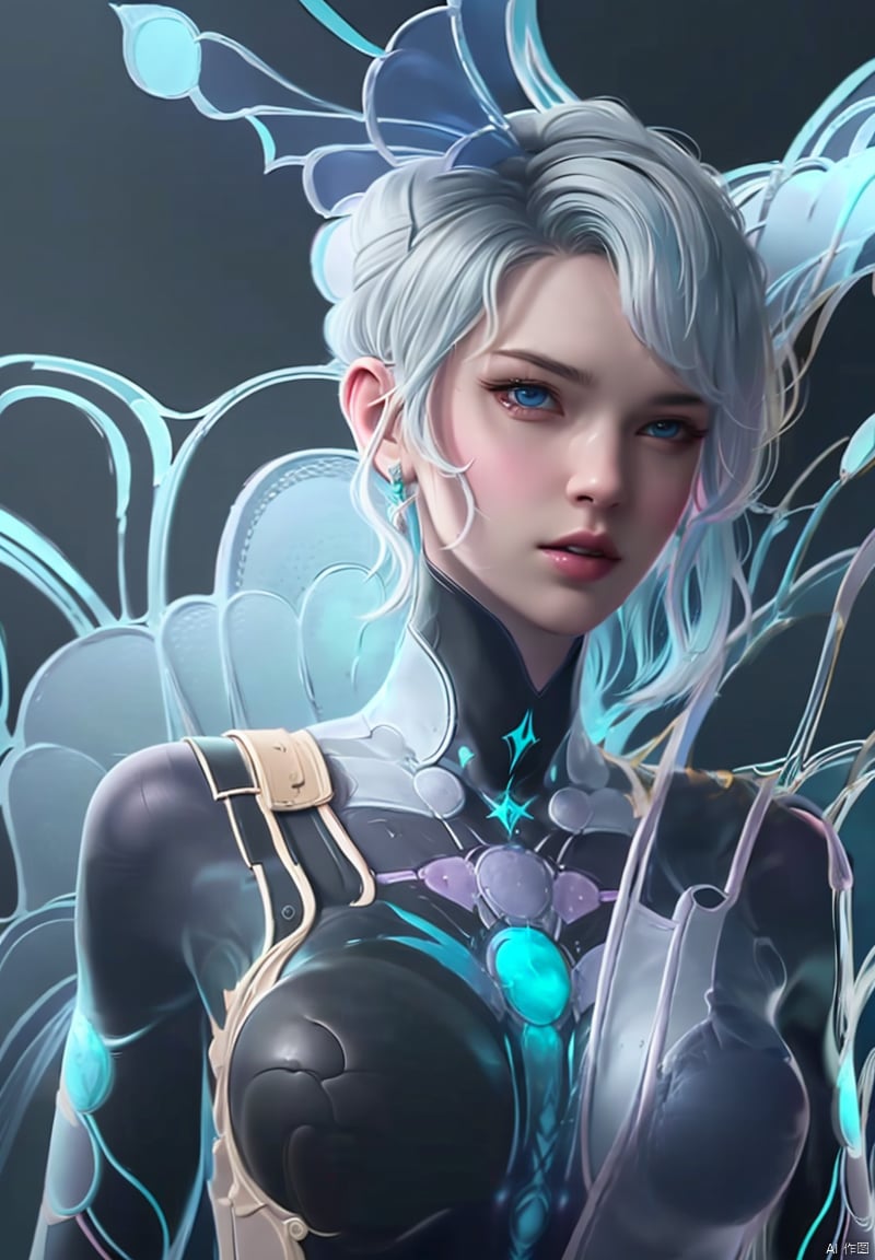 1girl, solo, breasts, looking at viewer, blue eyes, medium breasts, upper body, white hair, multicolored hair, parted lips, lips, bodysuit, skin tight, realistic, nose, black bodysuit, mercy \(overwatch\)