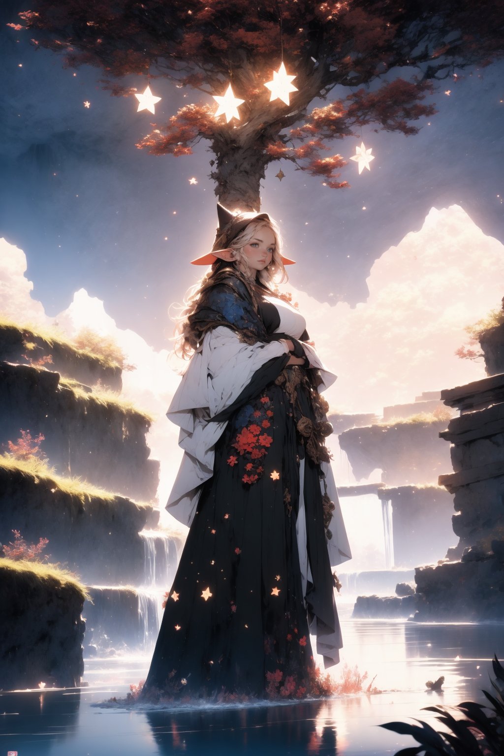 (Magazine cover:1.4),blue flower, 1girl, looking at viewer, sky, cloud, star sky, big tree, BREAK (summer hat, elf ears, fantasy style:1.2),masterpiece,ultra realistic,32k,extremely detailed CG unity 8k wallpaper, best quality, soft lighting ,stunning environment