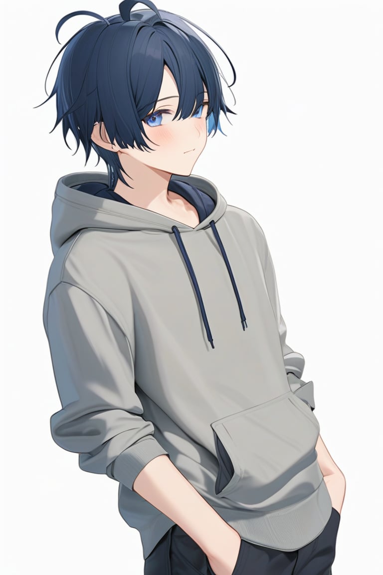 Raphael\(dimensionality of Morpheus\), 1male\(20year old\), solo,
look at viewer, closed mouth, stand, blush, 
thinking,
cowboy shot, full body, simple_background, white background,
asymmetrical bangs, crossed bangs, blue eyes, blue hair, short hair,ahoge, grey hoodie, casual,
(perfect detailed face), ((clear face)), perfect body, standard body, detailed eyes, beauty, normal body, 
beautiful face, ((clear details)), 
(highly detailed), masterpiece, ((best quality)), illustrations,