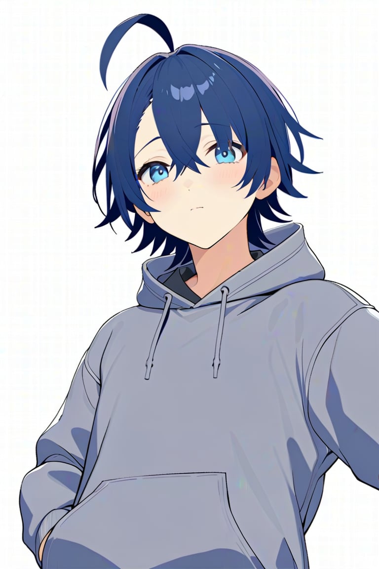 Raphael\(dimensionality of Morpheus\), 1male solo, (AS-Adult:1.3),
look at viewer, closed mouth, stand, blush, 
thinking,
upper_body, simple_background, white background,
asymmetrical bangs, crossed bangs, blue eyes, blue hair, short hair,ahoge, grey hoodie, casual,
(perfect detailed face), ((clear face)), perfect body, standard body, detailed eyes, beauty, normal body, 
beautiful face, ((clear details)), 
(highly detailed), masterpiece, ((best quality)), illustrations, high_resolution,