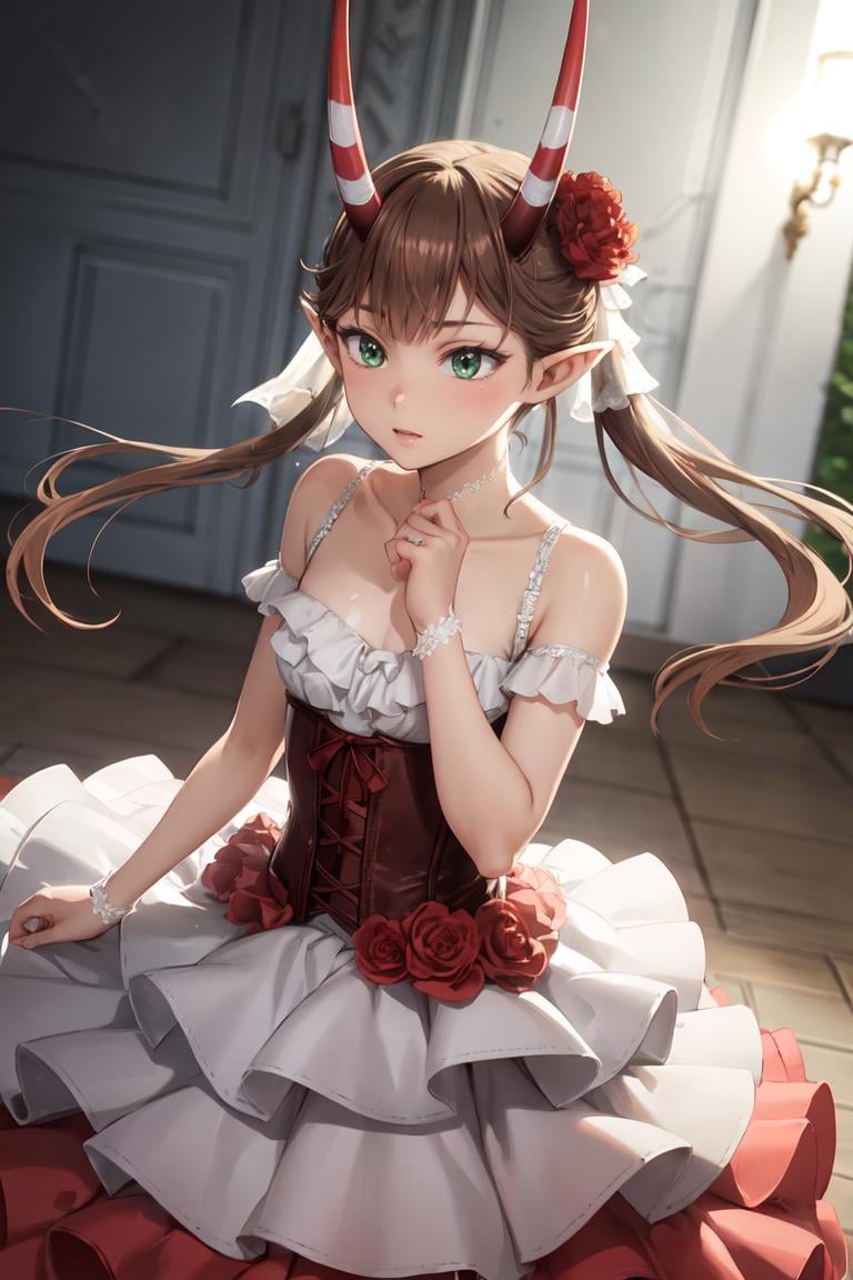 masterpiece, best quality, ultra-detailed, glistening shiny, glowing light, ray tracing, HDR, deph of field, (perfect face, detailed face),  <lora:Msyu:0.8>, msyu, long hair, twintails, pointy ears, horns, hair flower, wedding dress , corset, long skirt, standing