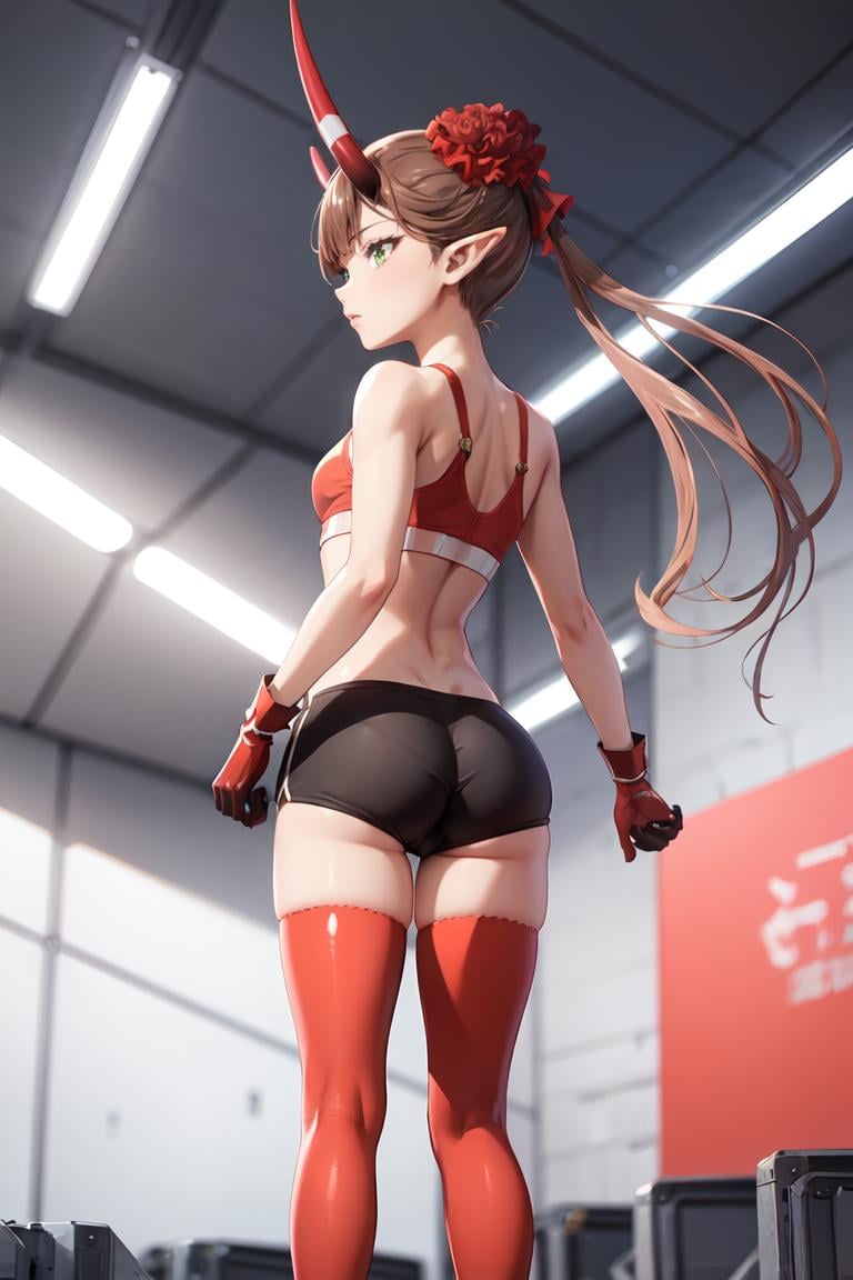 masterpiece, best quality, ultra-detailed, glistening shiny, glowing light, ray tracing, HDR, deph of field, (perfect face, detailed face),  <lora:Msyu:0.8>, msyu, long hair, twintails, pointy ears, horns, hair flower, sports bra, leggins, red gloves, red thighhighs, from behind, standing