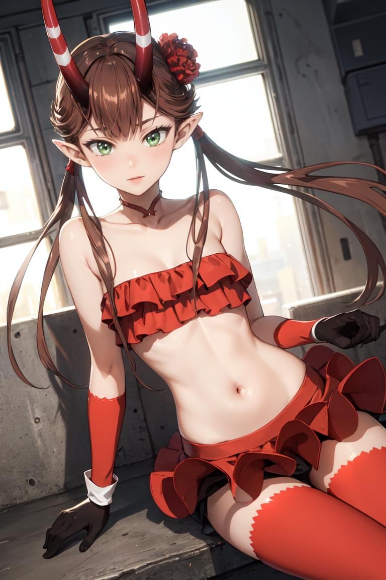 masterpiece, best quality, ultra-detailed, glistening shiny, glowing light, ray tracing, HDR, deph of field, (perfect face, detailed face),  <lora:Msyu:0.8>, msyu, long hair, twintails, pointy ears, horns, hair flower, tube top, strapless, (red gloves:1.2), red thighhighs, red skirt, sitting