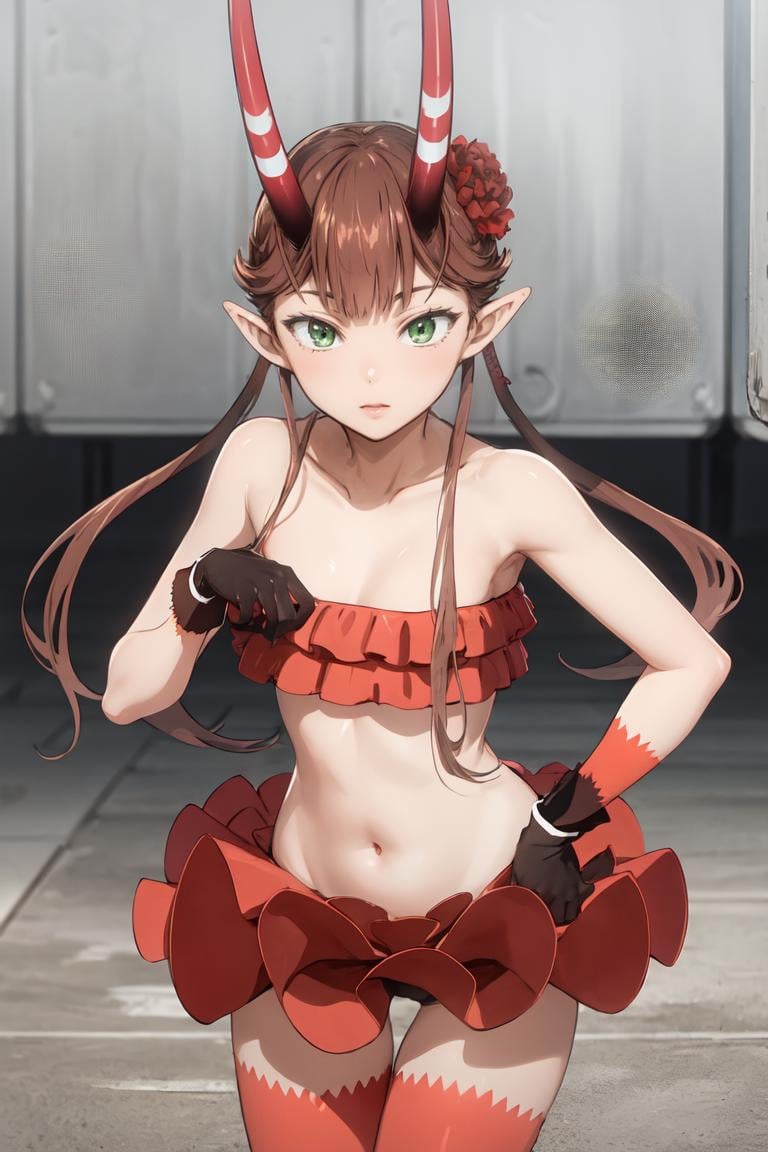 masterpiece, best quality, ultra-detailed, glistening shiny, glowing light, ray tracing, HDR, deph of field, (perfect face, detailed face),  <lora:Msyu:1>, msyu, long hair, twintails, pointy ears, horns, hair flower, tube top, strapless, red gloves, red thighhighs, red skirt, standing, cowboy shot