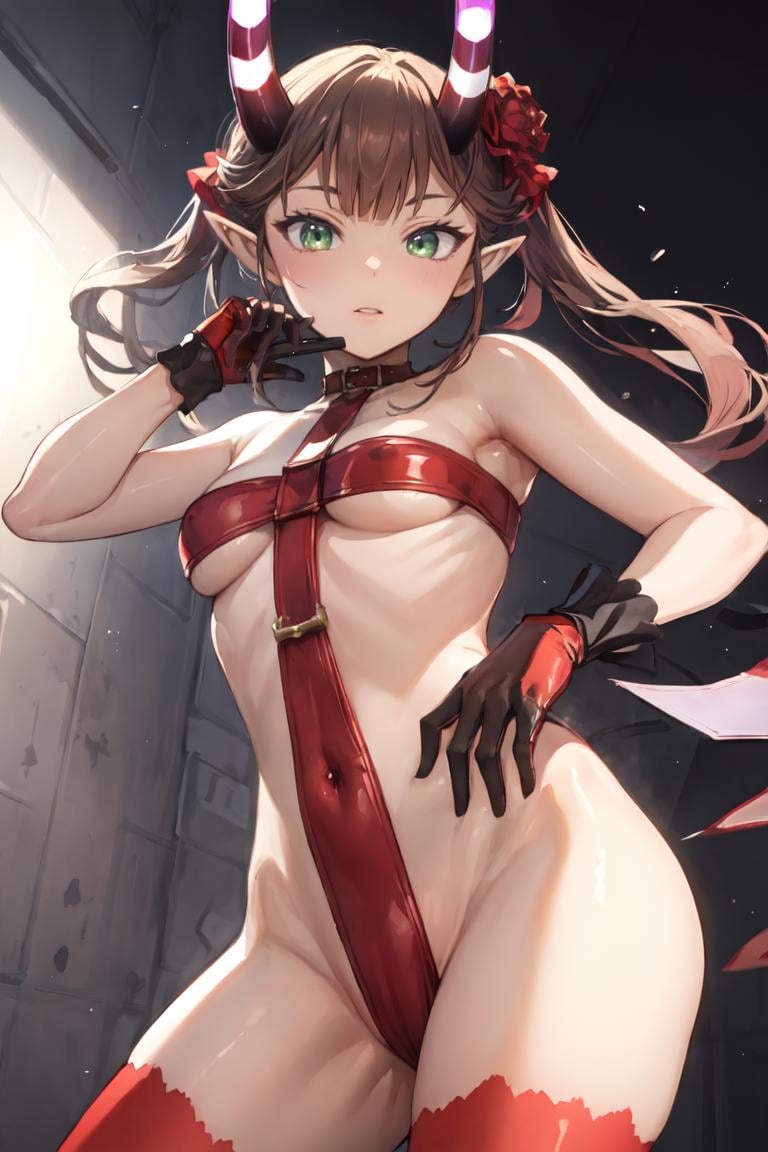 masterpiece, best quality, ultra-detailed, glistening shiny, glowing light, ray tracing, HDR, deph of field, (perfect face, detailed face),  <lora:Msyu:0.8>, msyu, long hair, twintails, pointy ears, horns, hair flower, red gloves, red thighhighs, standing, cross_swimsuit, <lora:CrossSwimsuit:1>