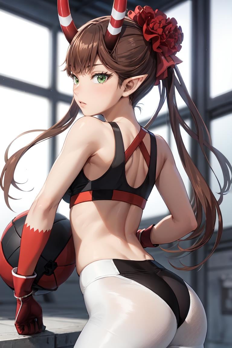 masterpiece, best quality, ultra-detailed, glistening shiny, glowing light, ray tracing, HDR, deph of field, (perfect face, detailed face),  <lora:Msyu:0.8>, msyu, long hair, twintails, pointy ears, horns, hair flower, sports bra, leggins, red gloves, from behind, standing