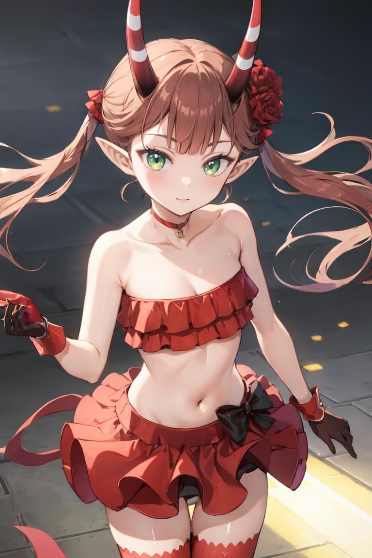 masterpiece, best quality, ultra-detailed, glistening shiny, glowing light, ray tracing, HDR, deph of field, (perfect face, detailed face),  <lora:Msyu:0.8>, msyu, long hair, twintails, hair flower, pointy ears, horns, red choker, tube top, strapless, red gloves, red skirt, red thighhighs