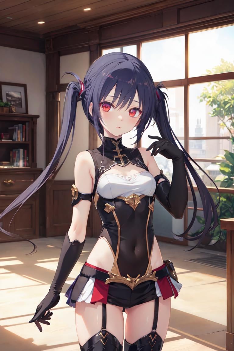 masterpiece, best quality,ultra-detailed, glistening shiny, glowing light, ray tracing, HDR, deph of field, (perfect face, detailed face) , <lora:TakakuraAnri:0.7>, takakuraanri, long hair, twintails, red eyes, small breasts, armor, thigh boots, elbow gloves, standing, indoors