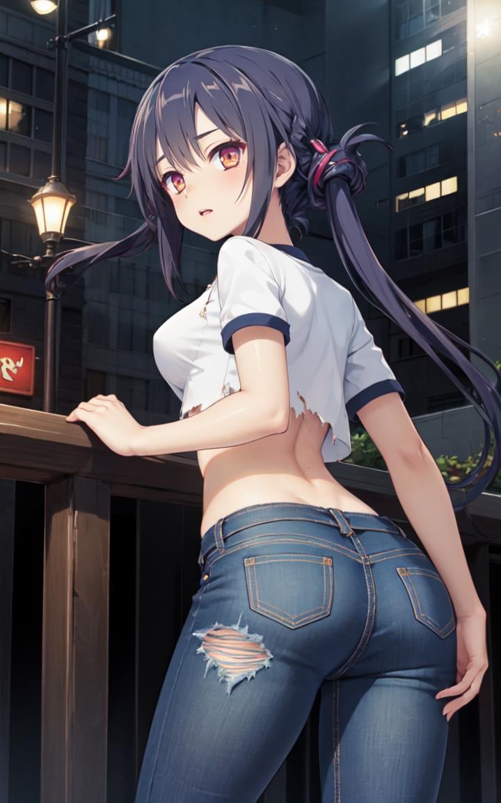 masterpiece, best quality, ultra-detailed, glistening shiny, glowing light, ray tracing, HDR, deph of field, (perfect face, detailed face), <lora:TakakuraAnri:0.8>, takakuraanri, long hair, twintails,  small breasts, jeans, crop top, ass, torn clothes, from behind, standing, city