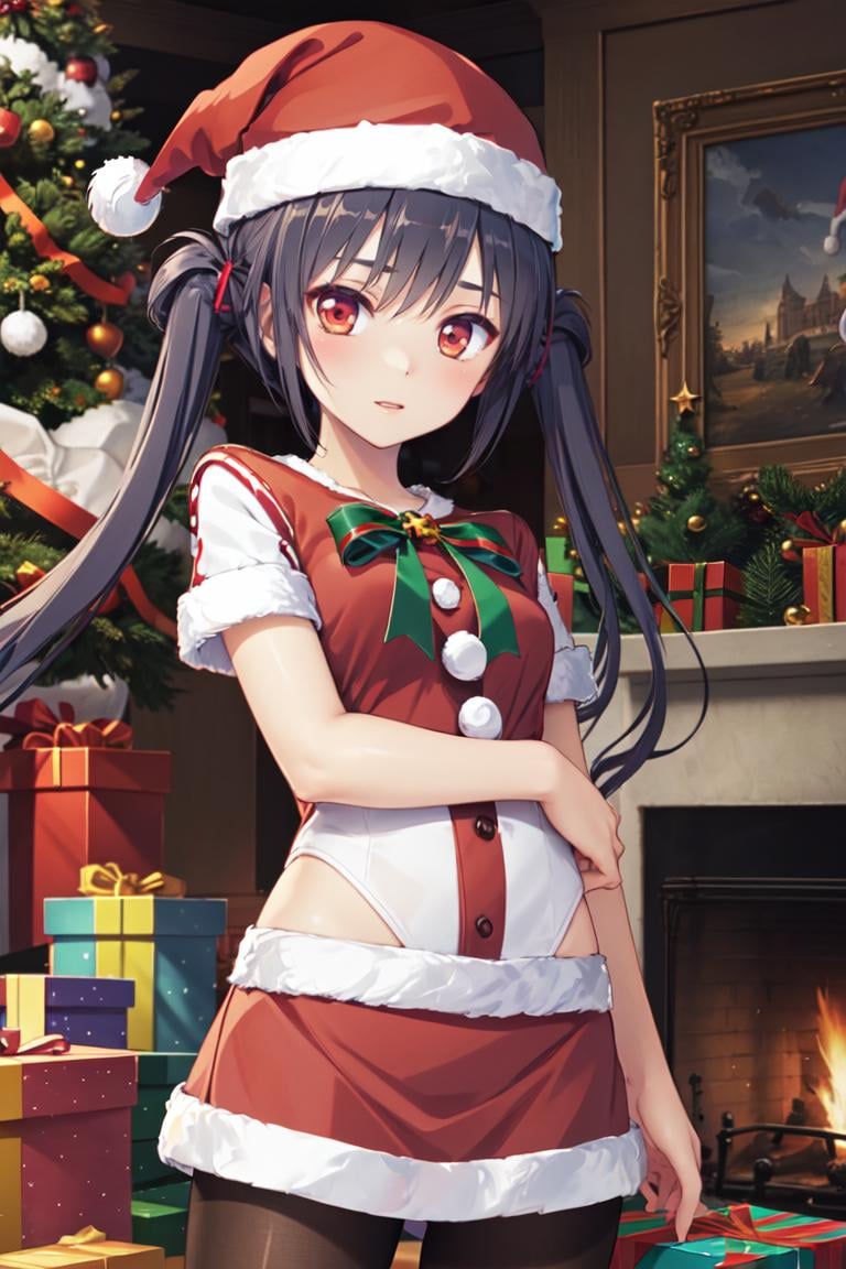 masterpiece, best quality, ultra-detailed, glistening shiny, glowing light, ray tracing, HDR, deph of field, (perfect face, detailed face), <lora:TakakuraAnri:0.7>, takakuraanri, long hair, twintails,  red eyes, (santa:1.4), short sleeves, hat, pantyhose, short skirt, standing, indoors