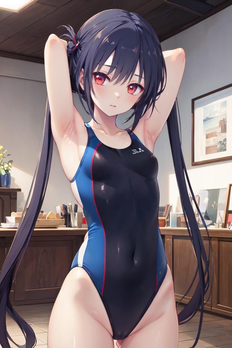 masterpiece, best quality,ultra-detailed, glistening shiny, glowing light, ray tracing, HDR, deph of field, (perfect face, detailed face) , <lora:TakakuraAnri:0.7>, takakuraanri, long hair, twintails,  red eyes, competition swimsuit, armpits, standing, indoors