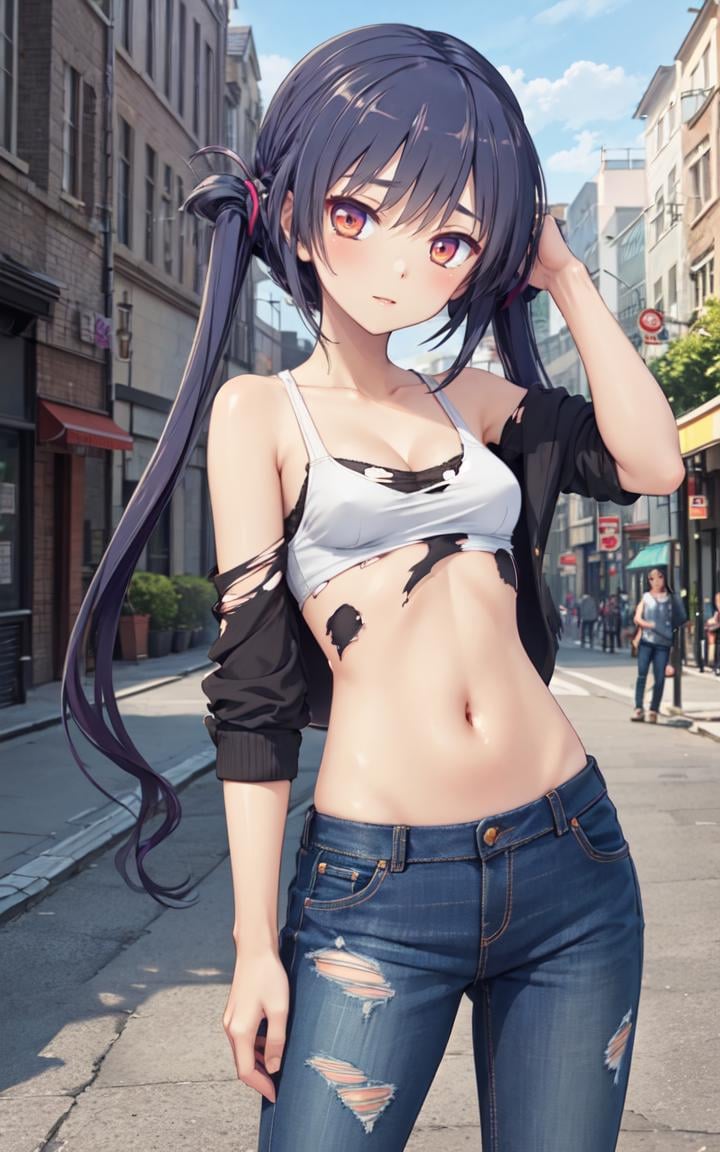 masterpiece, best quality, ultra-detailed, glistening shiny, glowing light, ray tracing, HDR, deph of field, (perfect face, detailed face), <lora:TakakuraAnri:0.8>, takakuraanri, long hair, twintails, small breasts,  jeans, navel, crop top, cleavage, hand behind head, torn clothes, standing, city