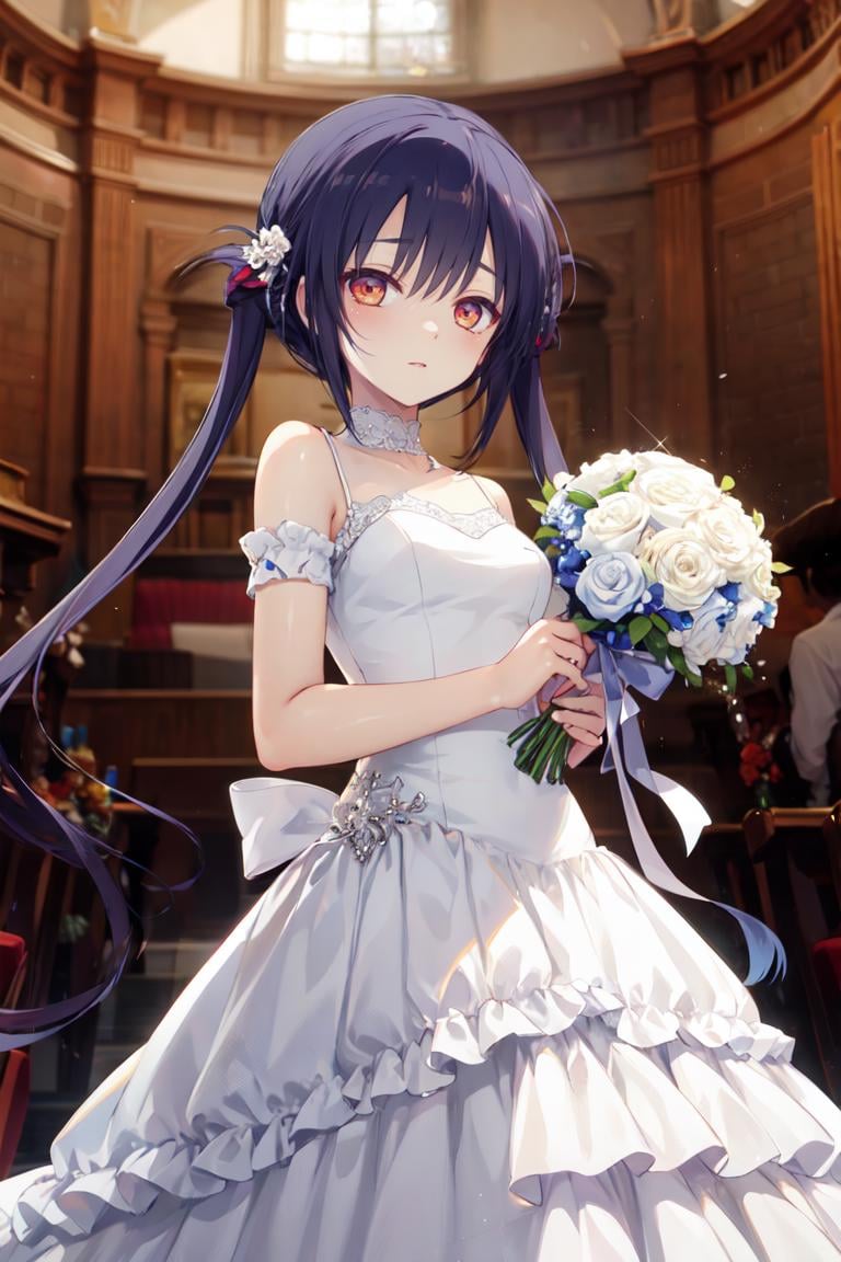 masterpiece, best quality, ultra-detailed, glistening shiny, glowing light, ray tracing, HDR, deph of field, (perfect face, detailed face), <lora:TakakuraAnri:0.7>, takakuraanri, long hair, twintails, wedding dress, long skirt, holding bouquet, hands together, standing, cowboy shot