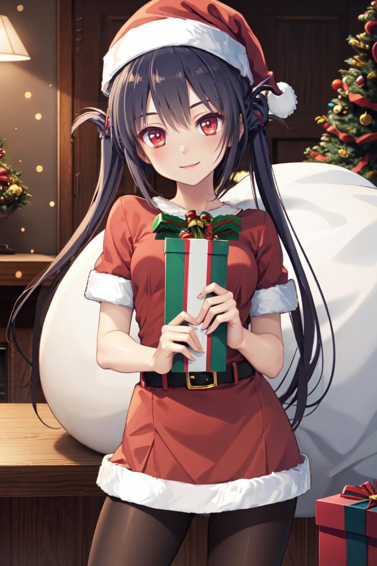 masterpiece, best quality, ultra-detailed, glistening shiny, glowing light, ray tracing, HDR, deph of field, (perfect face, detailed face), <lora:TakakuraAnri:0.7>, takakuraanri, long hair, twintails,  red eyes, smile, (santa:1.5), short sleeves, hat, pantyhose, short skirt, standing, indoors