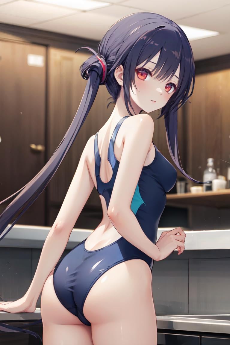 masterpiece, best quality,ultra-detailed, glistening shiny, glowing light, ray tracing, HDR, deph of field, (perfect face, detailed face) , <lora:TakakuraAnri:0.7>, takakuraanri, long hair, twintails, red eyes, small breasts, competition swimsuit, from behind, standing, indoors