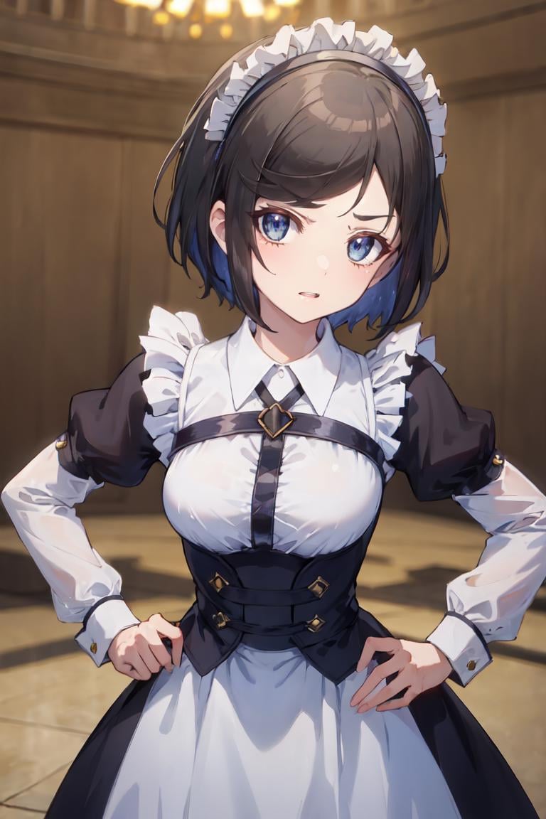 masterpiece, best quality, ultra-detailed, glistening shiny, glowing light, ray tracing, HDR, deph of field, (perfect face, detailed face), <lora:RafinhaBilford:0.8>, rafinha, short hair, small breasts, angry, hands on hips, maid uniform, maid headress, harness, long sleeves. puffy sleeves, standing, cowboy shot