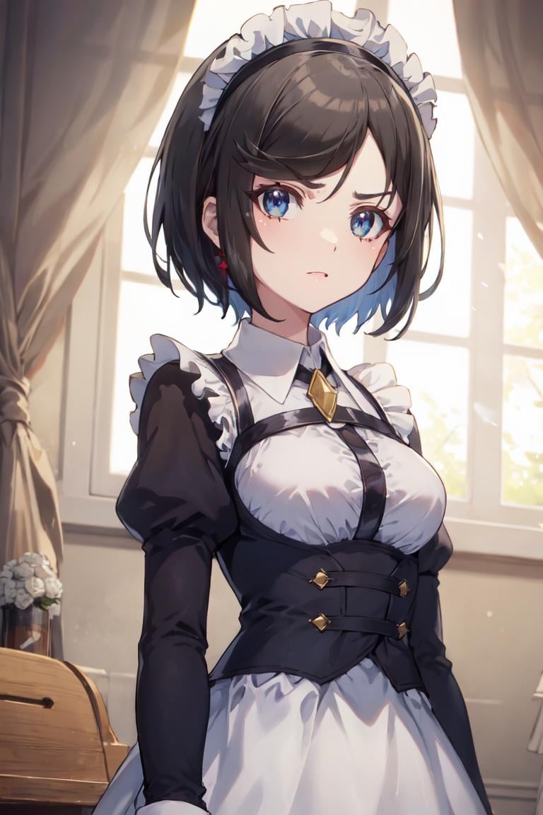 masterpiece, best quality, ultra-detailed, glistening shiny, glowing light, ray tracing, HDR, deph of field, (perfect face, detailed face), <lora:RafinhaBilford:0.8>, rafinha, short hair, small breasts, angry, arms on sides, maid uniform, maid headress, harness, long sleeves. puffy sleeves, standing, cowboy shot