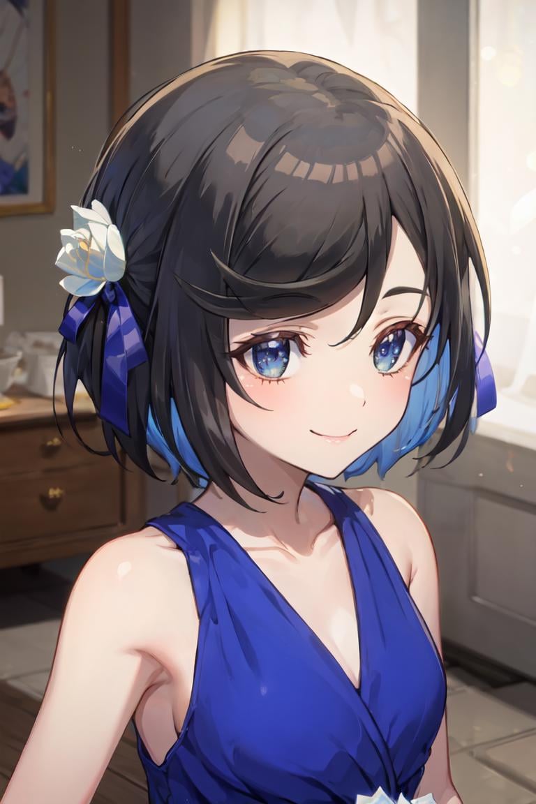 masterpiece, best quality, ultra-detailed, glistening shiny, glowing light, ray tracing, HDR, deph of field, (perfect face, detailed face), <lora:RafinhaBilford:0.8>, rafinha, short hair, small breasts, smile, flower hair ornament, blue hair ribbon, blue dress, white flowers, sleeveless, collarbone, bare shoulders, standing, indoors