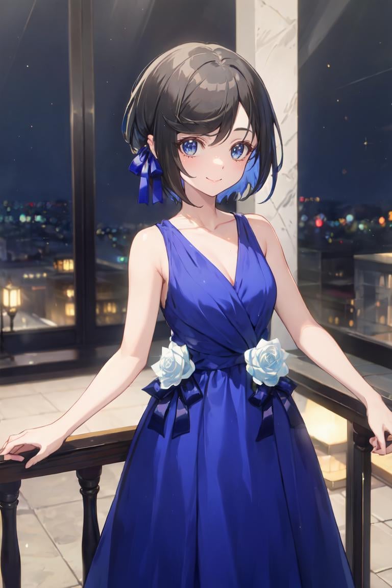 masterpiece, best quality, ultra-detailed, glistening shiny, glowing light, ray tracing, HDR, deph of field, (perfect face, detailed face), <lora:RafinhaBilford:0.8>, rafinha, short hair, small breasts, smile, flower hair ornament, blue hair ribbon, blue dress, long skirt, white flowers, sleeveless, collarbone, bare shoulders, standing, indoors