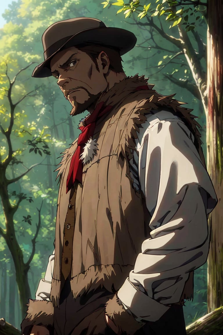 solo male, Artur Braus, Attack on Titan Anime style, hunter, shaggy brown hair, brown eyes, sideburns, beard, thin goatee, white shirt, (single vest), (brown fur trim vest, close vest:1.7), long sleeves, (loose red cravat:1.7), black pants, brown hat, mature, handsome, charming, alluring, standing, upper body, perfect anatomy, perfect proportions, best quality, masterpiece, high_resolution, dutch angle, cowboy shot, photo background, forest
