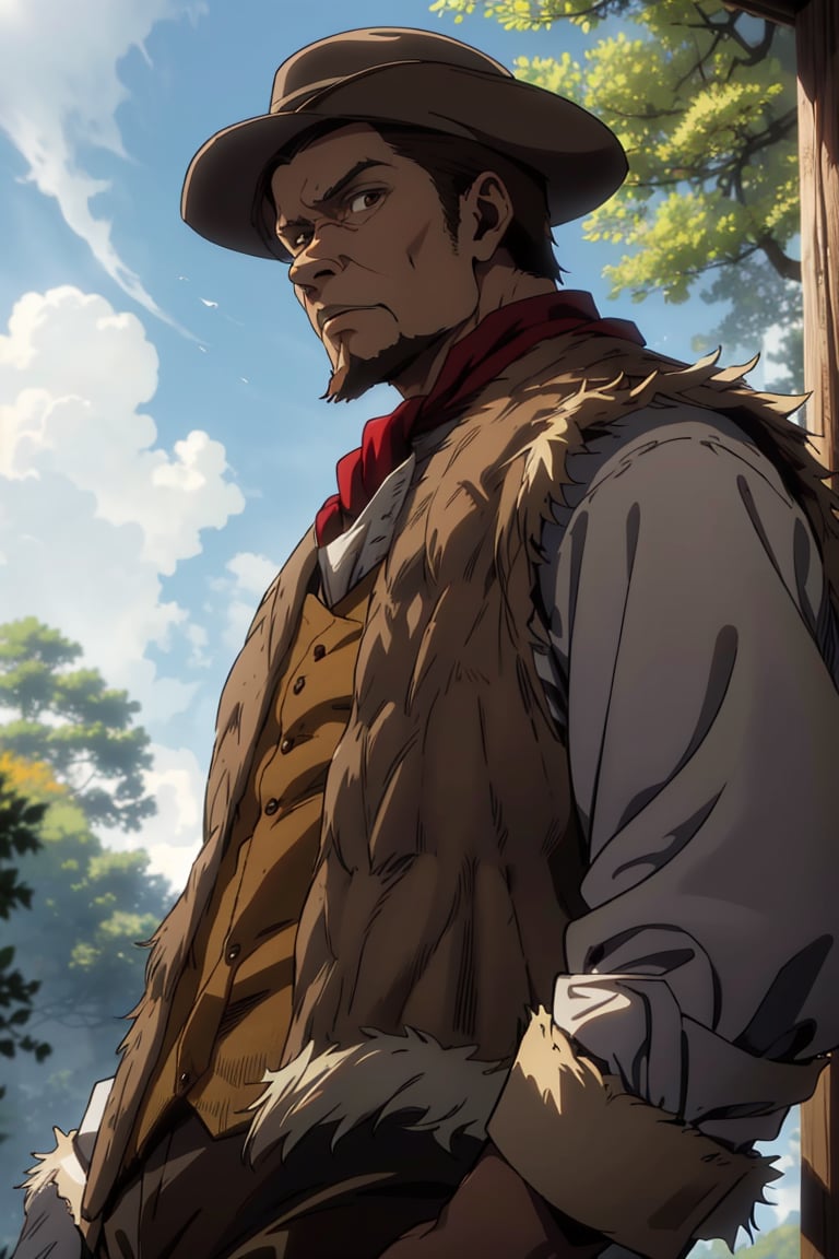 solo male, Artur Braus, Attack on Titan Anime style, hunter, shaggy brown hair, brown eyes, sideburns, beard, thin goatee, white shirt, (single vest), (brown fur vest, close vest:1.7), long sleeves, (loose red cravat:1.7), black pants, brown hat, mature, handsome, charming, alluring, standing, upper body, perfect anatomy, perfect proportions, best quality, masterpiece, high_resolution, dutch angle, cowboy shot, photo background, forest, looking at sky, (from below:0.9), blue sky
