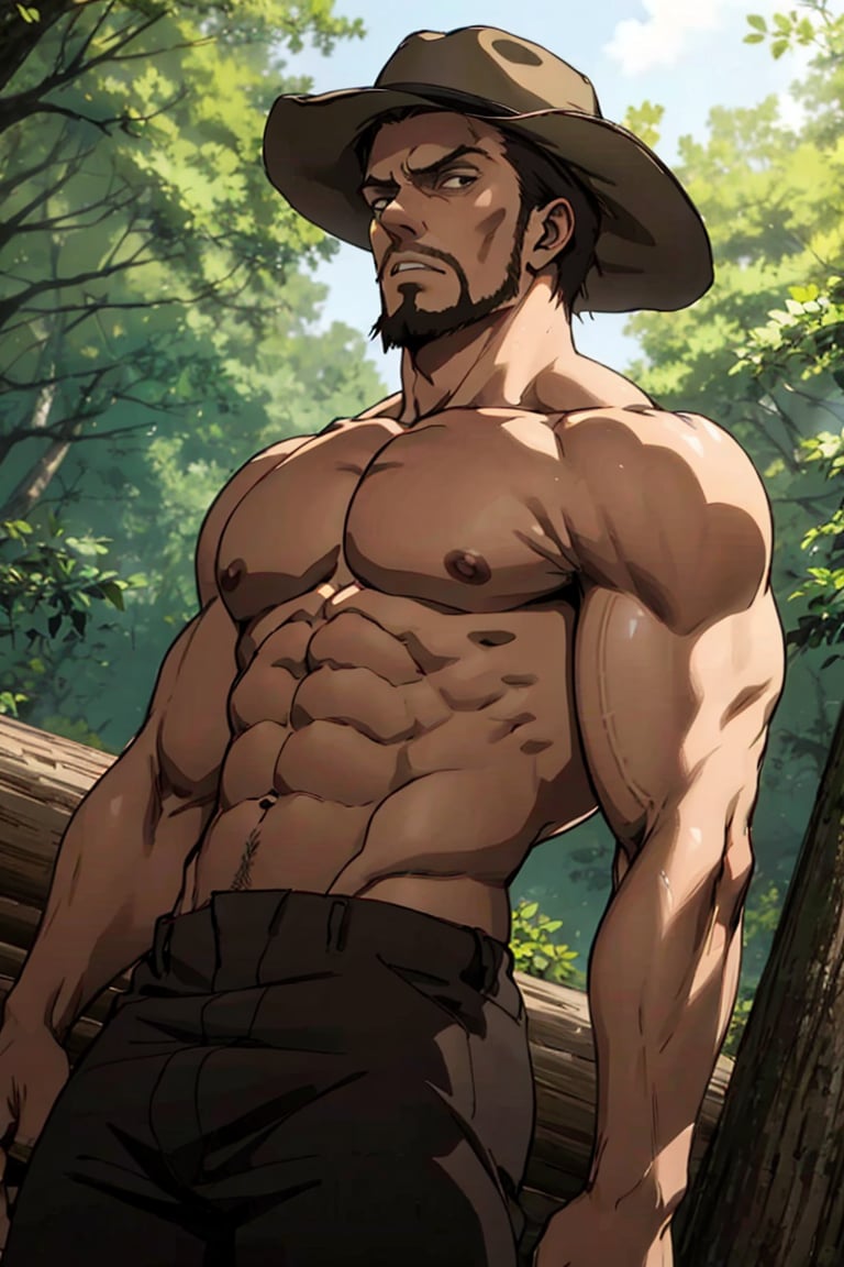 solo male, Artur Braus, Attack on Titan Anime style, hunter, shaggy brown hair, brown eyes, sideburns, beard, thin goatee, topless, shirtless, black pants, brown hat, mature, handsome, charming, alluring, standing, upper body, perfect anatomy, perfect proportions, best quality, masterpiece, high_resolution, dutch angle, cowboy shot, photo background, forest, log cabin
