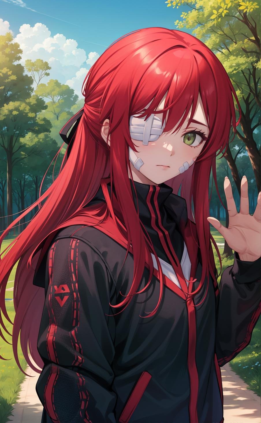 masterpiece, best quality, highres,YuriAi, 1girl, solo, long hair, yellow eyes, red hair, bangs, closed mouth, green eyes, one eye covered, eyepatch, bandaid, bandaid on face, medical eyepatch, bandage on face, bandage over one eye, long sleeves, jacket, outdoors, black jacket, night, bandages, expressionless, red jacket, track jacket, (upper body:1.2), looking at viewer, waving, waving arms, outdoors, grass, field, forest, sunlight, sky, blue sky, <lora:Yuri:1>