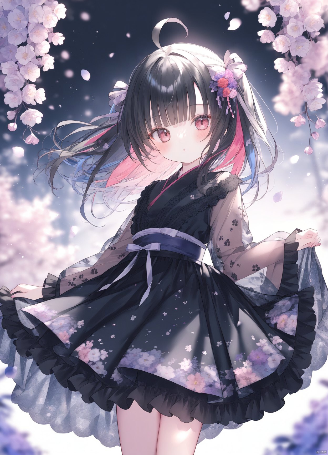  1girl, loli, dress, flower printed, black hair, black dress, heteromonic, dynamic angle, lolita dress, see through, multi layered dress, bangs, ahoge, from sude, multi_colored hair, kimono,, long sleeves, masterpiece, best quality, blurry background, depth of field, oni-color,