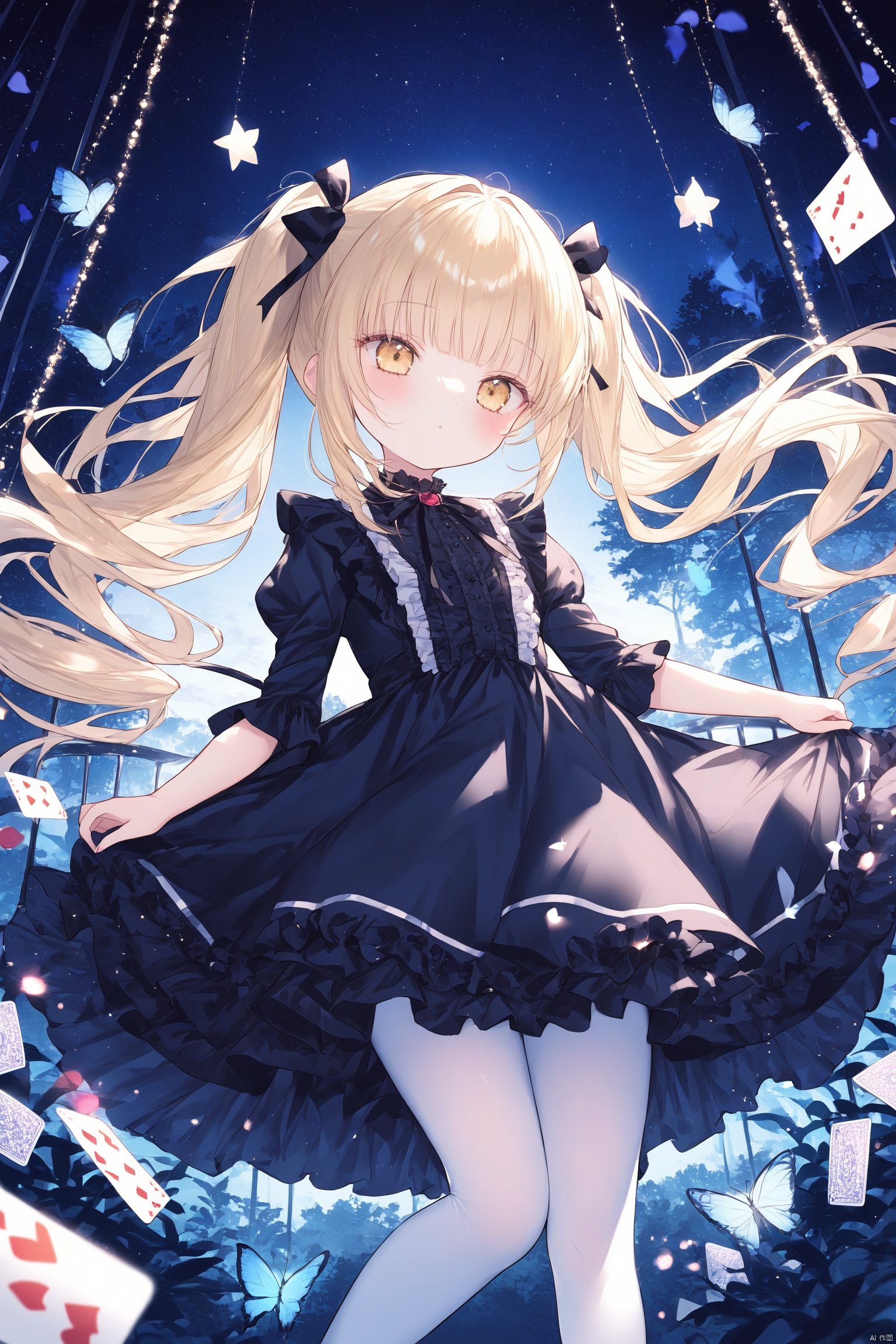  1girl, loli, long hair, dress, white pantyhose, white frilled, blonde hair, heteromonic, dynamic angle, gothic delusion, bangs between hair, night, twintails, butterfly, head tilt, night, star, cards,butterfly, masterpiece, best quality