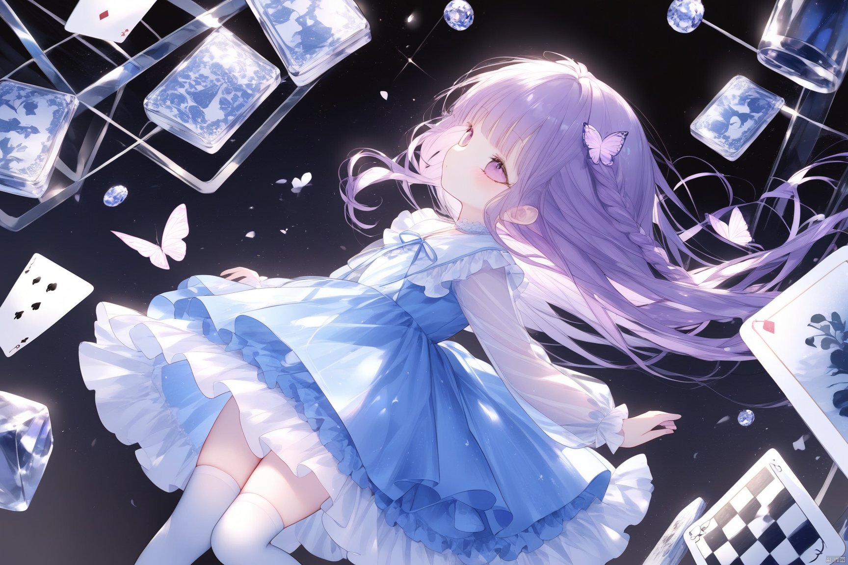  1girl, loli, long hair, dress, white thighhighs, white frilled, purple hair, heteromonic, dynamic angle, blue dress, see through,.multi layered dress, bangs between hair, head tilt, chess, cards,butterfly, long sleeves, masterpiece, best quality, from side, black background, crysral