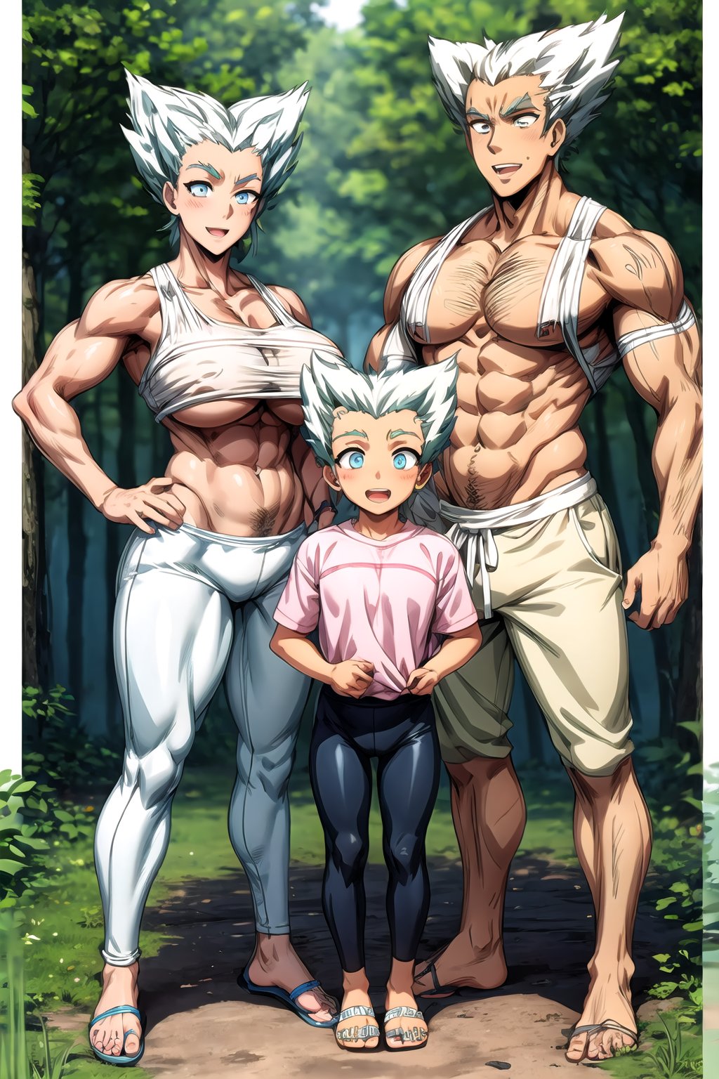 ((garou, aqua eyes, short hair, white hair, spiked hair, huge muscles, leggings, white sandal, feet, ))  full body, standing up, master piece, blushing, flushed cheeks, pink lips,))  ((big eyes, blue light eyes, long eyelashes, detailed eyes, )) ((open mouth, white teeth, smile,)) hairy armpits, big muscles, forest, day<lora:EMS-312826-EMS:0.800000>, <lora:EMS-179-EMS:0.800000>, <lora:EMS-2126-EMS:0.500000>