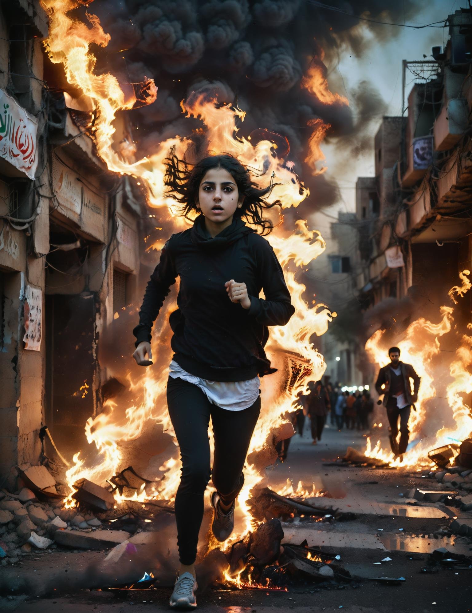 Medium format dark aesthetic photo, (Iranian girl running:1.3), Chaotic street protest, Tense atmosphere, (Flames lighting night sky:1.2), Intense urgency, Silhouettes in turmoil, Cracks of unrest, (Dramatic shadows:1.2), Captured with a Hasselblad 500C/M, 80mm f/2.8 lens, Intense shadows, Vivid contrast, Realistic details, Heightened drama. <lora:Artistic Image Enhancement v1.0:1>