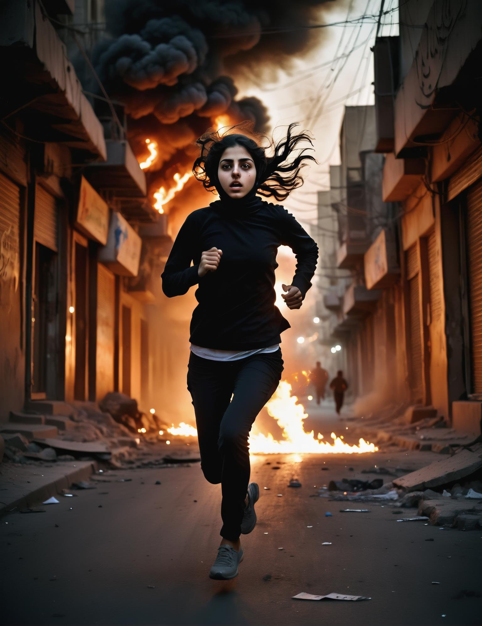 Medium format dark aesthetic photo, (Iranian girl running:1.3), Chaotic street protest, Tense atmosphere, (Flames lighting night sky:1.2), Intense urgency, Silhouettes in turmoil, Cracks of unrest, (Dramatic shadows:1.2), Captured with a Hasselblad 500C/M, 80mm f/2.8 lens, Intense shadows, Vivid contrast, Realistic details, Heightened drama.