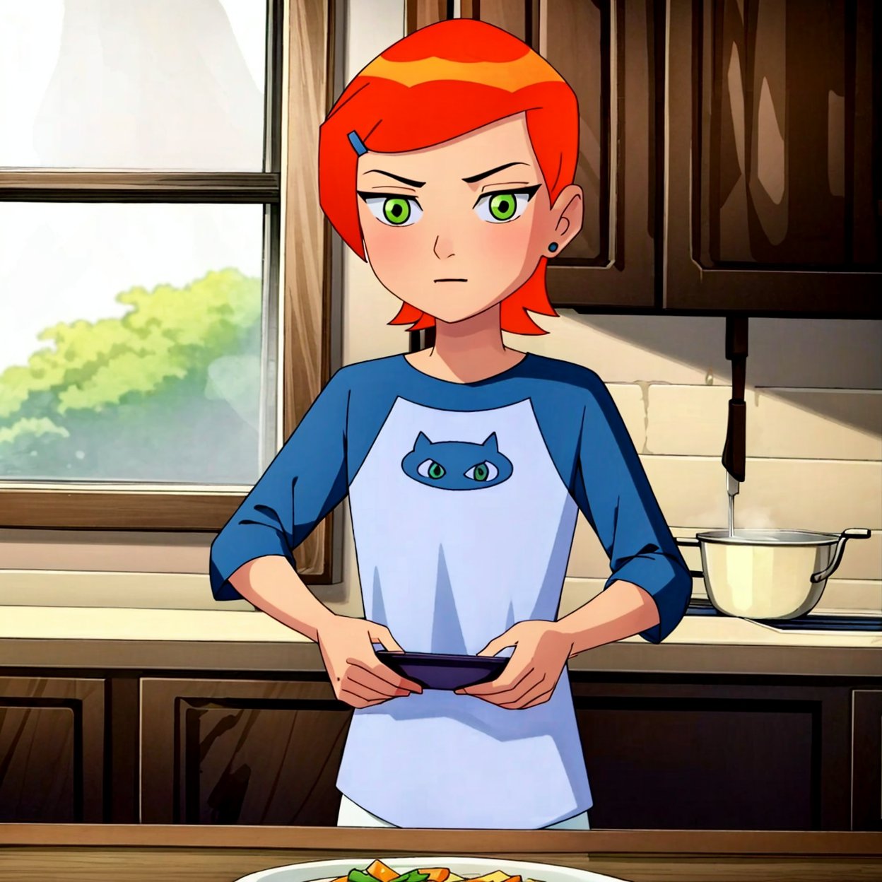 ((masterpiece)), ((better_quality)), ((More_Detail)), 1girl, gwen, solo, short hair, orange hair, green eyes, full_body, cooking in the kitchen. 