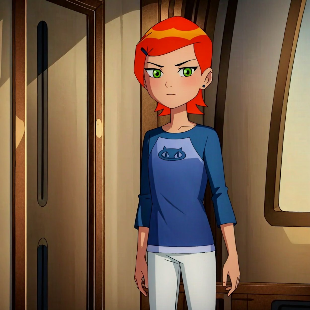 ((masterpiece)), ((better_quality)), ((More_Detail)), 1girl, gwen, solo, short hair, orange hair, green eyes, full_body.