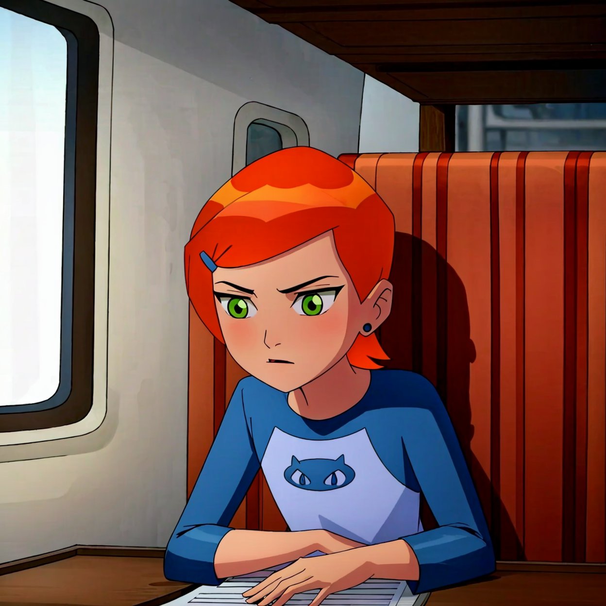 ((masterpiece)), ((better_quality)), ((More_Detail)), 1girl, gwen, solo, short hair, orange hair, green eyes, full_body.