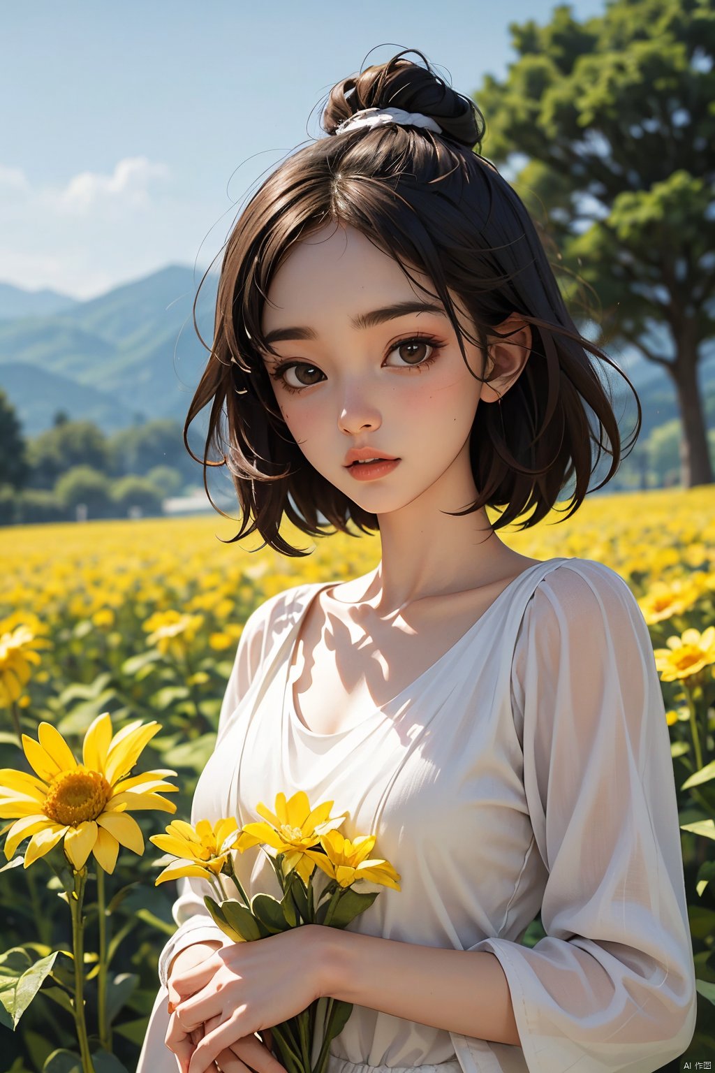  Enhanced, masterpiece, 16K, girl, Solo, Flower Field, rape flower