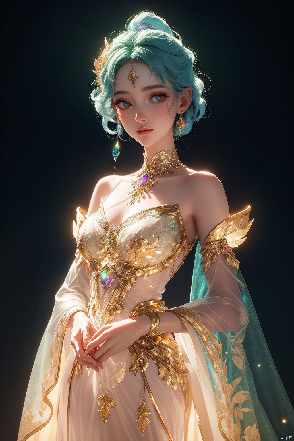  extremely delicate iridiscent a woman made of Translucent glowing glass, translucent, tiny golden accents, beautifully and intricately detailed, ethereal glow, whimsical, art by Mschiffer, best quality, glass art, magical holographic glow,arms hidden on back,