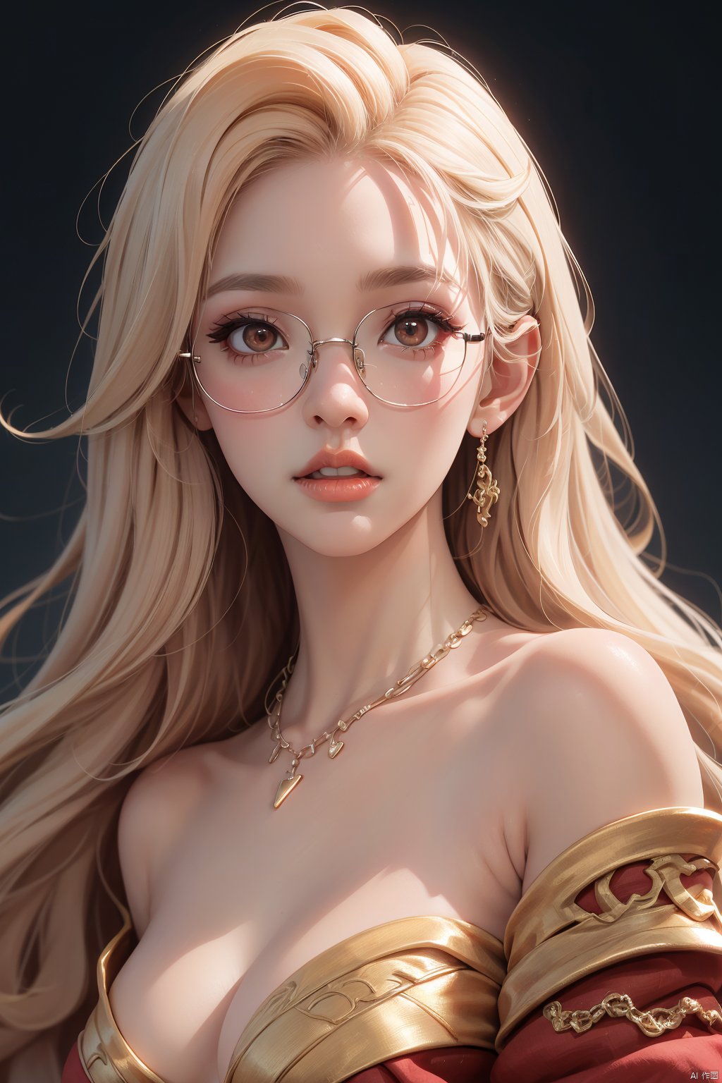  A girl, long white hair, flowing hair, bust, close-up of face, bust, fair skin, necklace, masonry, gem, ear chain, clavicle, off-the-shoulder, exquisite facial features and makeup.Red lips and delicate eye makeup.Delicate hair,Glasses, glasses,Wearing glasses,
( Best Quality: 1.2 ), ( Ultra HD: 1.2 ), ( Ultra-High Resolution: 1.2 ), ( CG Rendering: 1.2 ), Wallpaper, Masterpiece, ( 36K HD: 1.2 ), ( Extra Detail: 1.1 ), Ultra Realistic, ( Detail Realistic Skin Texture: 1.2 ), ( White Skin: 1.2 ), Focus, Realistic Art,liuguang,liuguang,bankuang, (\meng ze\)