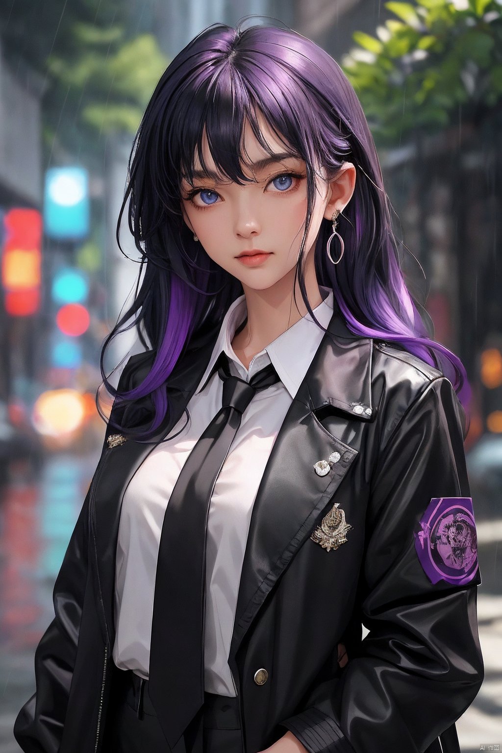  1girl,shirt,solo,necktie,rain,blue eyes,long hair,jewelry,jacket,earrings,black necktie,looking at viewer,black hair,collared shirt,black jacket,upper body,closed mouth,purple hair,multicolored hair,outdoors,bangs,open jacket,wet,background,open clothes,colored inner hair,hair between eyes,
