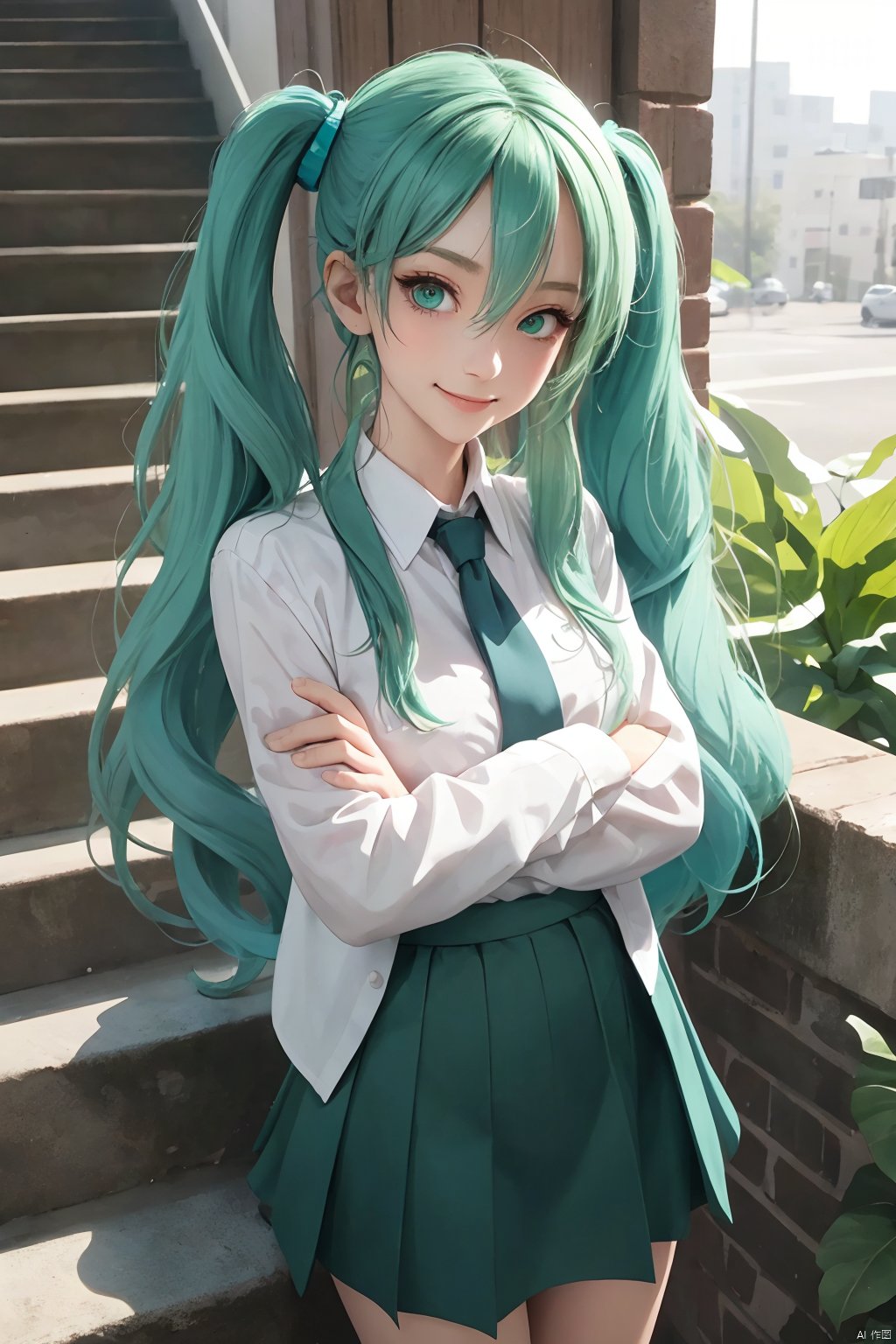  1girl,, solo, long hair, twintails, window, holding, shirt, very long hair, plant, holding book, book, white shirt, skirt, outdoors, railing, stairs, looking at viewer, green eyes, smile, aqua hair, aqua eyes, long sleeves, bush, standing, crossed arms, blue skirt, green hair, hair between eyes, building