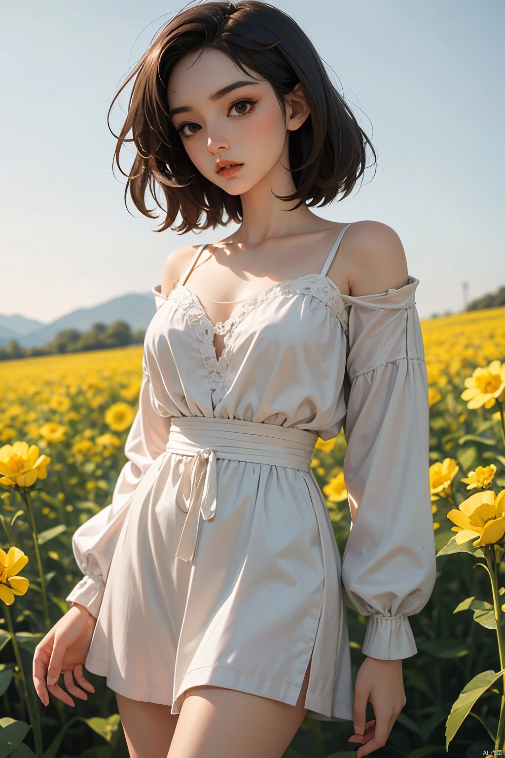  Enhanced, masterpiece, 16K, girl, Solo, Flower Field, rape flower