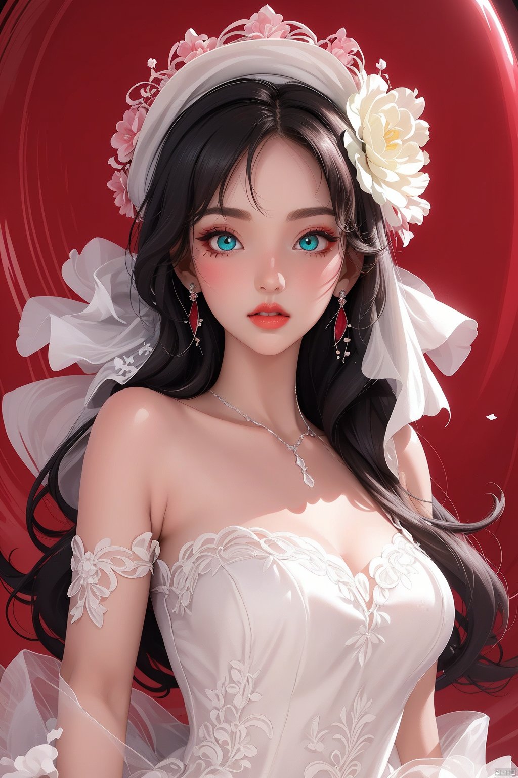  1 girl, solo,thin and tall,loli, aqua eyes, multicolored eyes, ((Eye highlight)), ((Red glossy lip gloss)), Earrings, bangs, long hair,wedding dress,Wedding Hat,flowertheme,
(((masterpiece,best quality))),((good structure)),((Good composition)), ((clear, original,beautiful)), (clear details, clear light,clear structure),