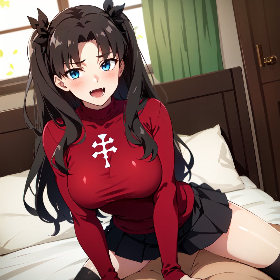 ((Rin R-18)),tohsaka rin, an anime girl looking towards the camera with an open mouth, 1girl, solo, fangs, open mouth, smile, blue eyes, looking at viewer1girl, solo, looking at the viewer, smile, slight blush, long hair, two side up, black hair, blue eyes, hair ribbon, red turtleneck, long sleeves, pleated skirt, black skirt, black thighhighs, indoors, room,saggy tits,missionary-sex,cowgirl position sex